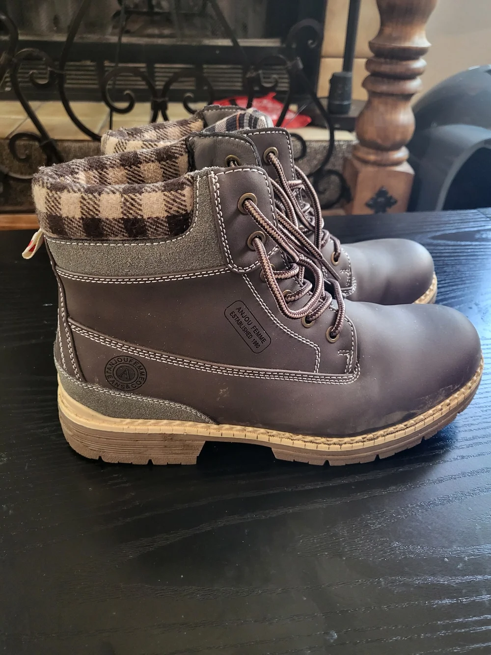 Men's Brown Plaid Collar Lace-Up Work Boots